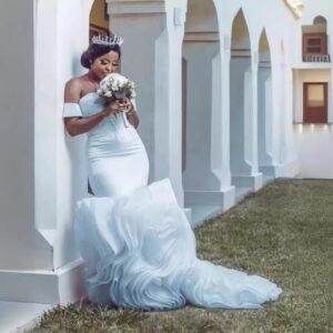 off shoulder mermaid wedding dress ruffle skirt sweep train