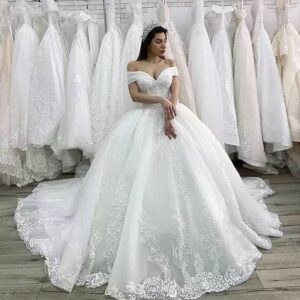 off shoulder wedding gown lace bodice full tulle skirt