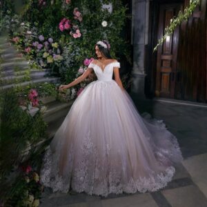 off the shoulder beaded lace ball gown wedding dress