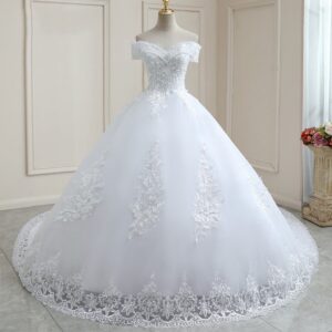 off the shoulder lace appliqué ball gown wedding dress