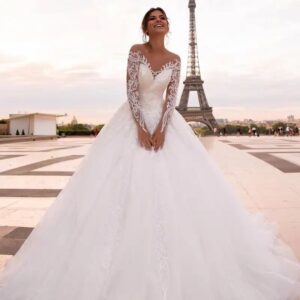 off the shoulder lace ball gown wedding dress illusion sleeves