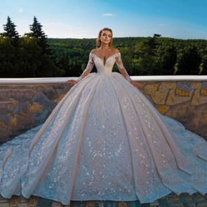 pearl glitter long sleeve ball gown back view
