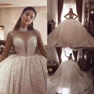 pearl illusion high neck ball gown wedding dress cathedral train