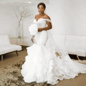 ruffled organza mermaid wedding dress