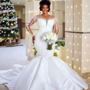 satin mermaid wedding dress pearl beaded lace bodice