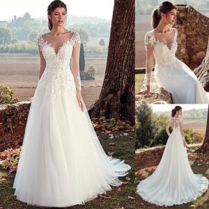 sheer lace bodice a line wedding dress long sleeves