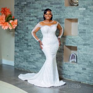 sheer neckline beaded lace mermaid wedding dress