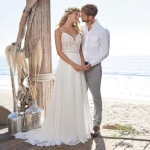 spaghetti strap lace bodice chiffon a line wedding dress