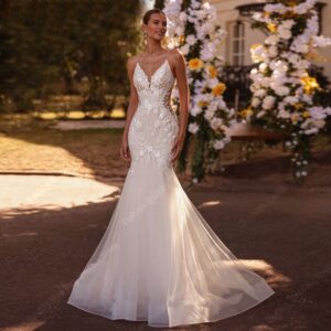 spaghetti strap lace mermaid wedding dress light champagne