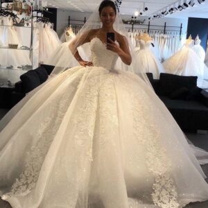 sweetheart glitter ball gown wedding dress lace applique