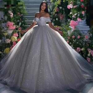 sweetheart off shoulder glitter tulle wedding dress