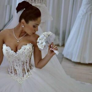 tulle ball gown pearl embellished corset bridal dress