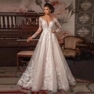 A-Line Plunging V-Neck Lace Appliqué Wedding Dress with Long Sleeves