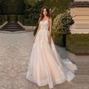 Champagne-Illusion-Lace-A-Line-Wedding-Dress-with-Open-Back-and-Court-Train