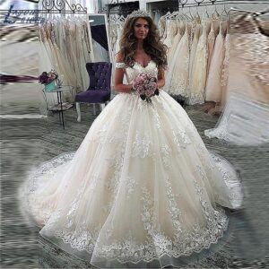 Champagne Off the Shoulder Sweetheart Lace Ball Gown Wedding Dress with Chapel Train