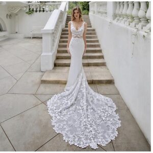 Deep V Neck Lace Fit and Flare Wedding Dress with Chapel Train