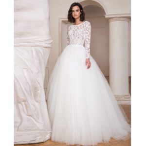 Elegant Long Sleeve Lace Wedding Dress with Tulle Skirt