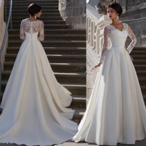 Illusion-Long-Sleeve-Lace-V-Neck-A-Line-Wedding-Dress-with-Satin-Skirt-and-Court-Train