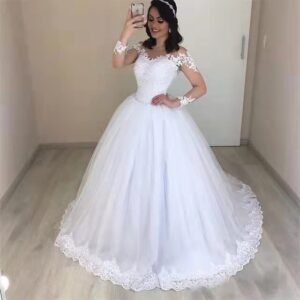 Illusion Long Sleeve Lace V Neck Ball Gown Wedding Dress with Tulle Skirt