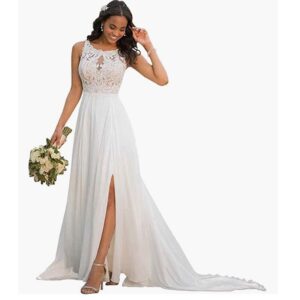 Lace-Sleeveless-A-Line-Wedding-Dress-Slit-Chiffon-Skirt