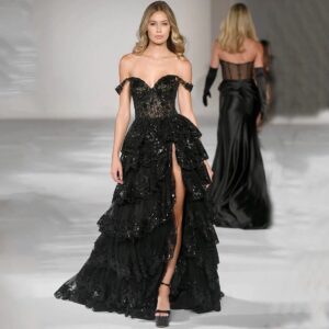 black-off-shoulder-lace-sequin-tiered-evening-dress