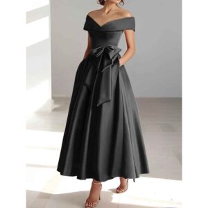 black-off-shoulder-midi-formal-evening-dress-bow-waist-pockets