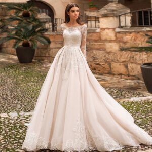 champagne-boat-neck-a-line-wedding-dress-lace-sleeves