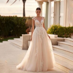 champagne-lace-v-neck-a-line-wedding-dress-cap-sleeves