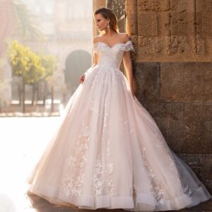 champagne-off-shoulder-lace-ball-gown-wedding-dress