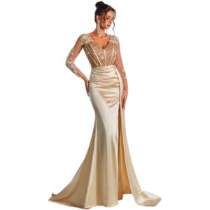 champagne-sequin-satin-evening-gown-sheer-lace-back-long-sleeves