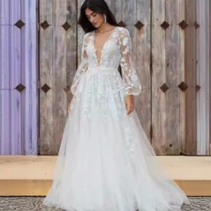deep-v-lace-long-sleeve-a-line-wedding-dress