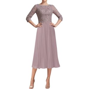 dusty-rose-mother-of-the-bride-lace-midi-dress-pleated-chiffon-skirt