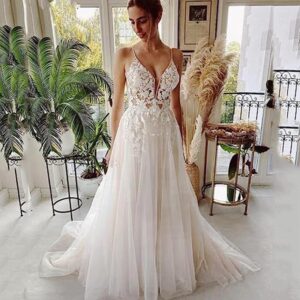 floral-applique-v-neck-spaghetti-strap-a-line-wedding-dress