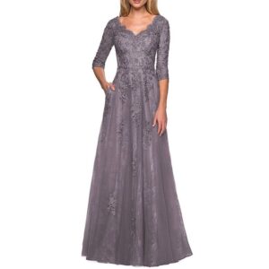 gray-lace-v-neck-three-quarter-sleeve-mother-of-the-bride-dress