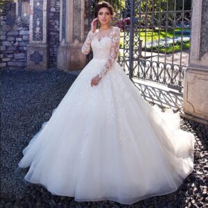 illusion-long-sleeve-applique-tulle-ball-gown-wedding-dress