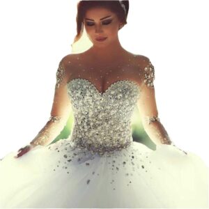 illusion-neck-beaded-sweetheart-ball-gown-wedding-dress