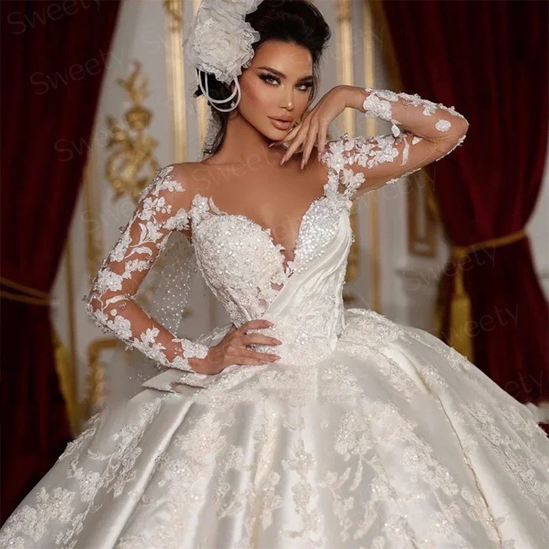 illusion-sleeve-beaded-lace-bridal-ball-gown-ivory