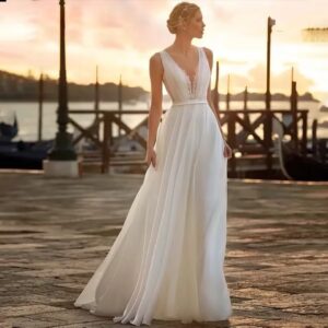 ivory-deep-v-lace-bodice-chiffon-a-line-wedding-dress