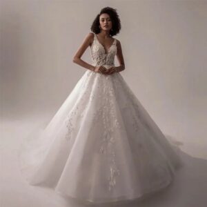 ivory-v-neck-lace-wedding-dress-a-line-silhouette