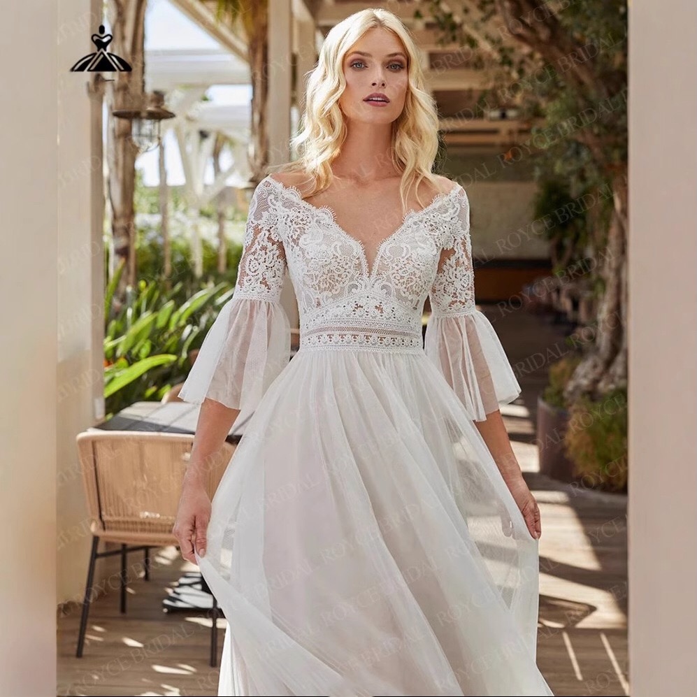 lace-bodice-v-neck-boho-wedding-dress-bell-sleeves