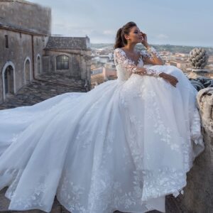 lace-long-sleeve-ball-gown-wedding-dress-floral-embroidery-chapel-train