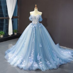 light-blue-off-shoulder-ball-gown-wedding-dress-lace-applique-tulle-skirt
