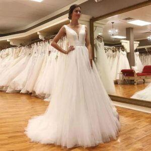 minimalist-deep-v-neck-a-line-wedding-dress-tulle-skirt