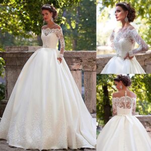 off-shoulder-lace-ball-gown-wedding-dress-satin-skirt-pockets