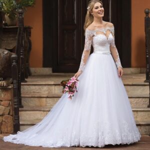 off-shoulder-lace-long-sleeve-beaded-waistband-tulle-a-line-wedding-dress