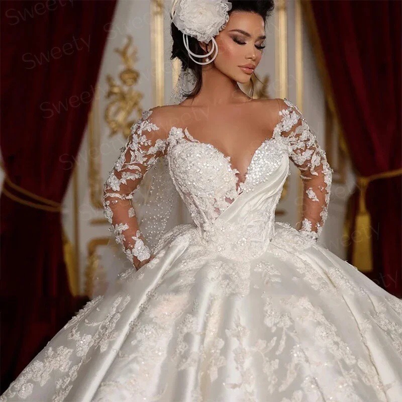 pearl-beaded-lace-bodice-ball-gown-wedding-dress
