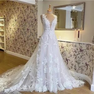 plunging-v-neckline-lace-applique-a-line-wedding-dress