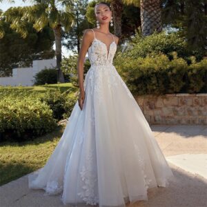 spaghetti-strap-deep-v-applique-a-line-wedding-dress