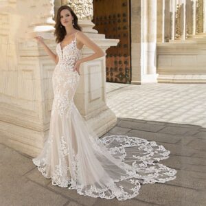 spaghetti-strap-v-neck-lace-fit-and-flare-wedding-dress