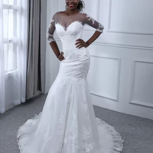 transparent-lace-mermaid-wedding-gown-3-4-sleeves-tulle-train